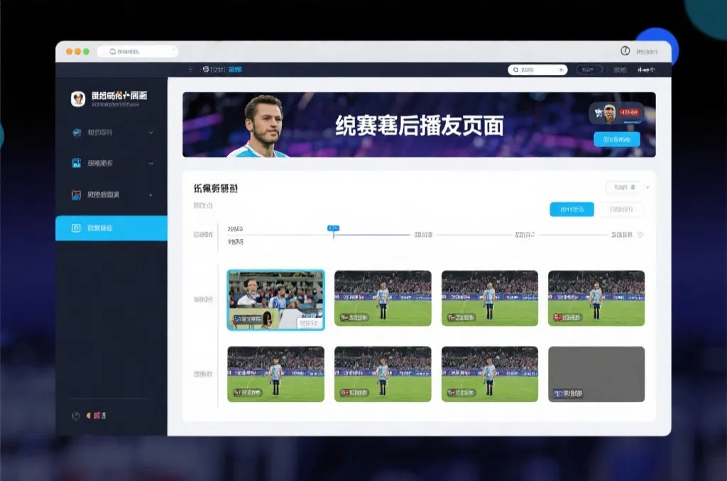 比赛结束后，电视屏幕展示集锦回放页面，旁边有时间轴和多角度切换提示
